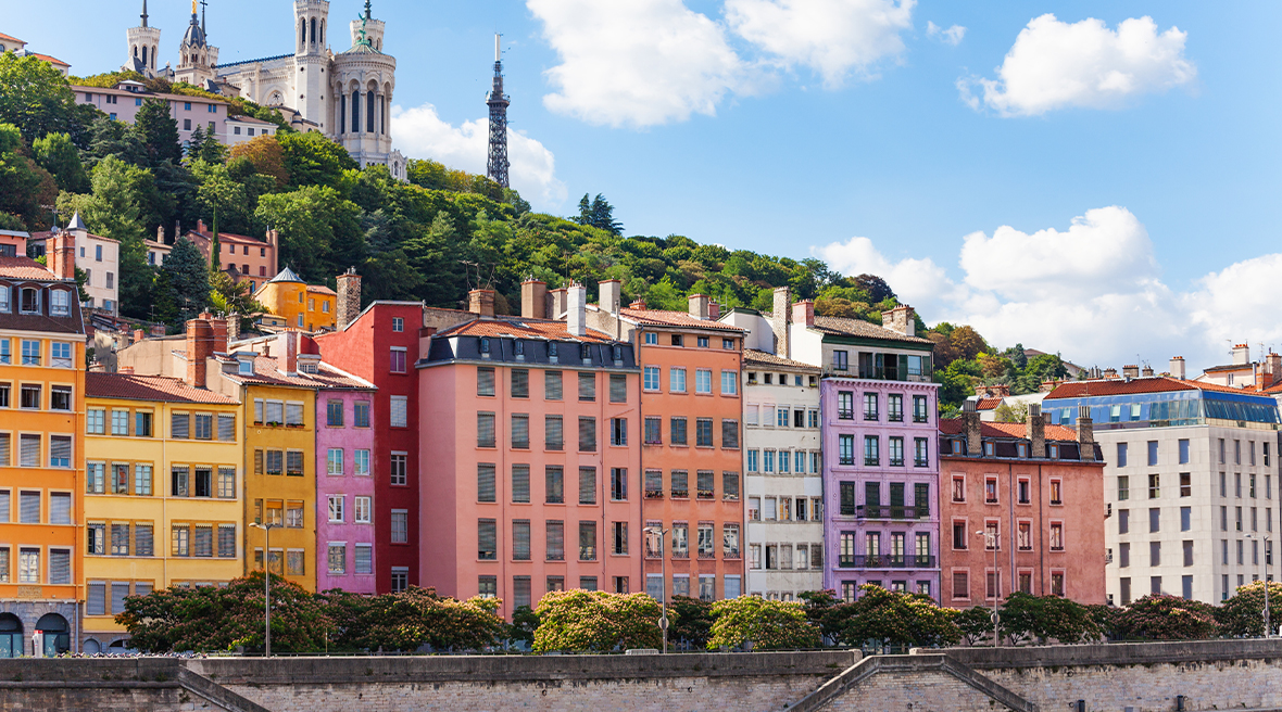 Multicoloured houses along the Saone Riverbank in Lyon, France